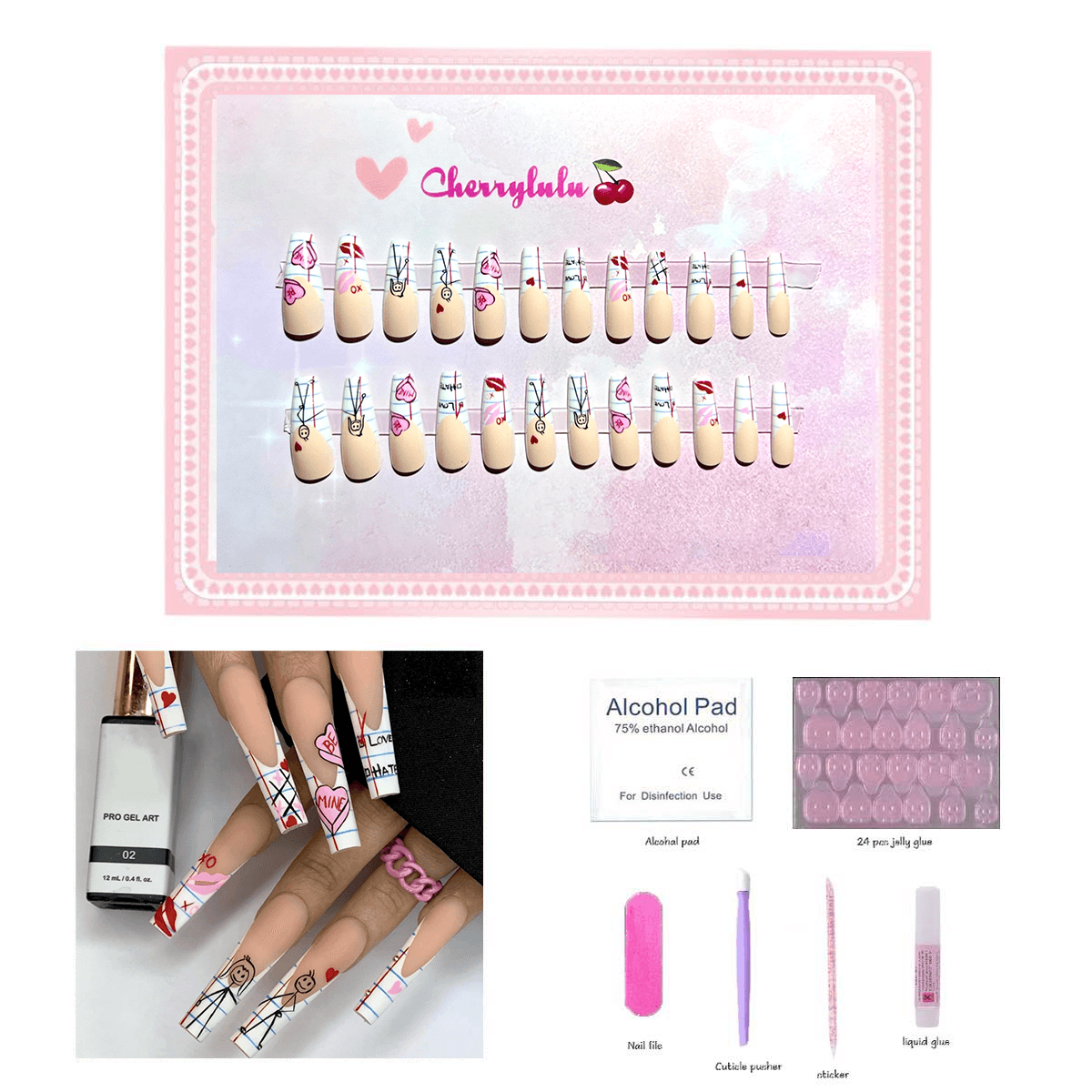 【Long】Manicure Press On Nails 24 Pcs + Toolkits - Cherrylulu Beauty