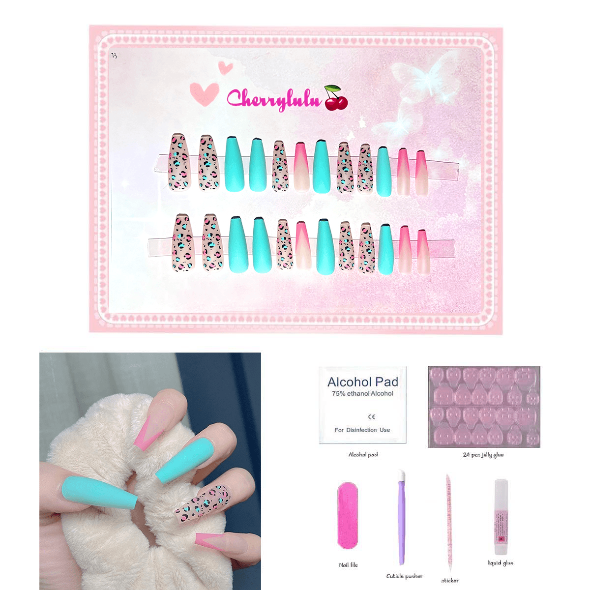 【Long】Manicure Press On Nails 24 Pcs + Toolkits - Cherrylulu Beauty