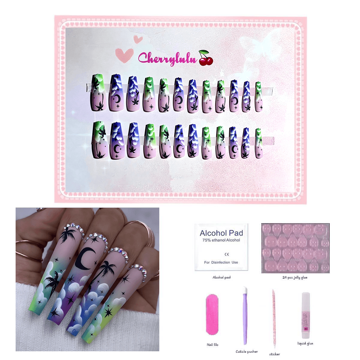 【Long】Manicure Press On Nails 24 Pcs + Toolkits - Cherrylulu Beauty