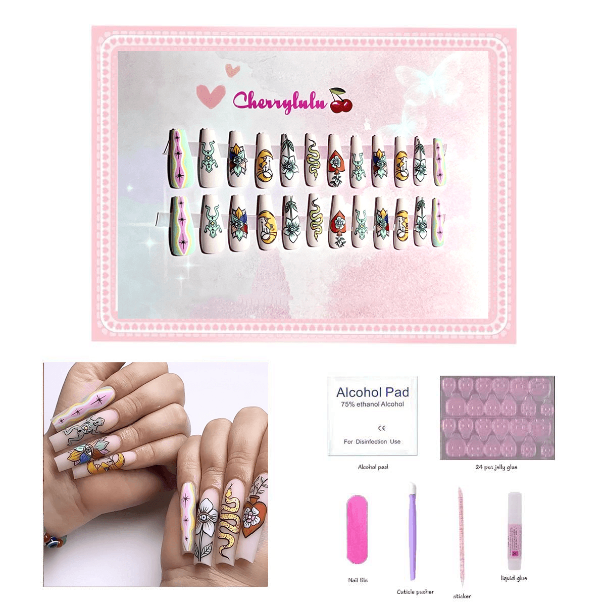 【Long】Manicure Press On Nails 24 Pcs + Toolkits - Cherrylulu Beauty