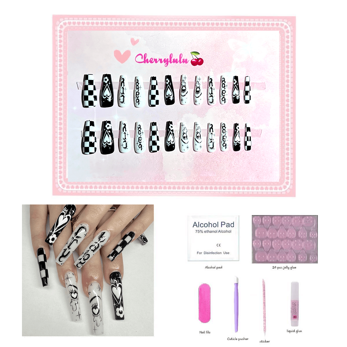 【Long】Manicure Press On Nails 24 Pcs + Toolkits - Cherrylulu Beauty