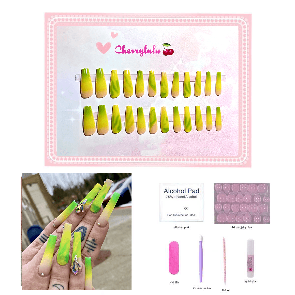 【Long】Manicure Press On Nails 24 Pcs + Toolkits - Cherrylulu Beauty