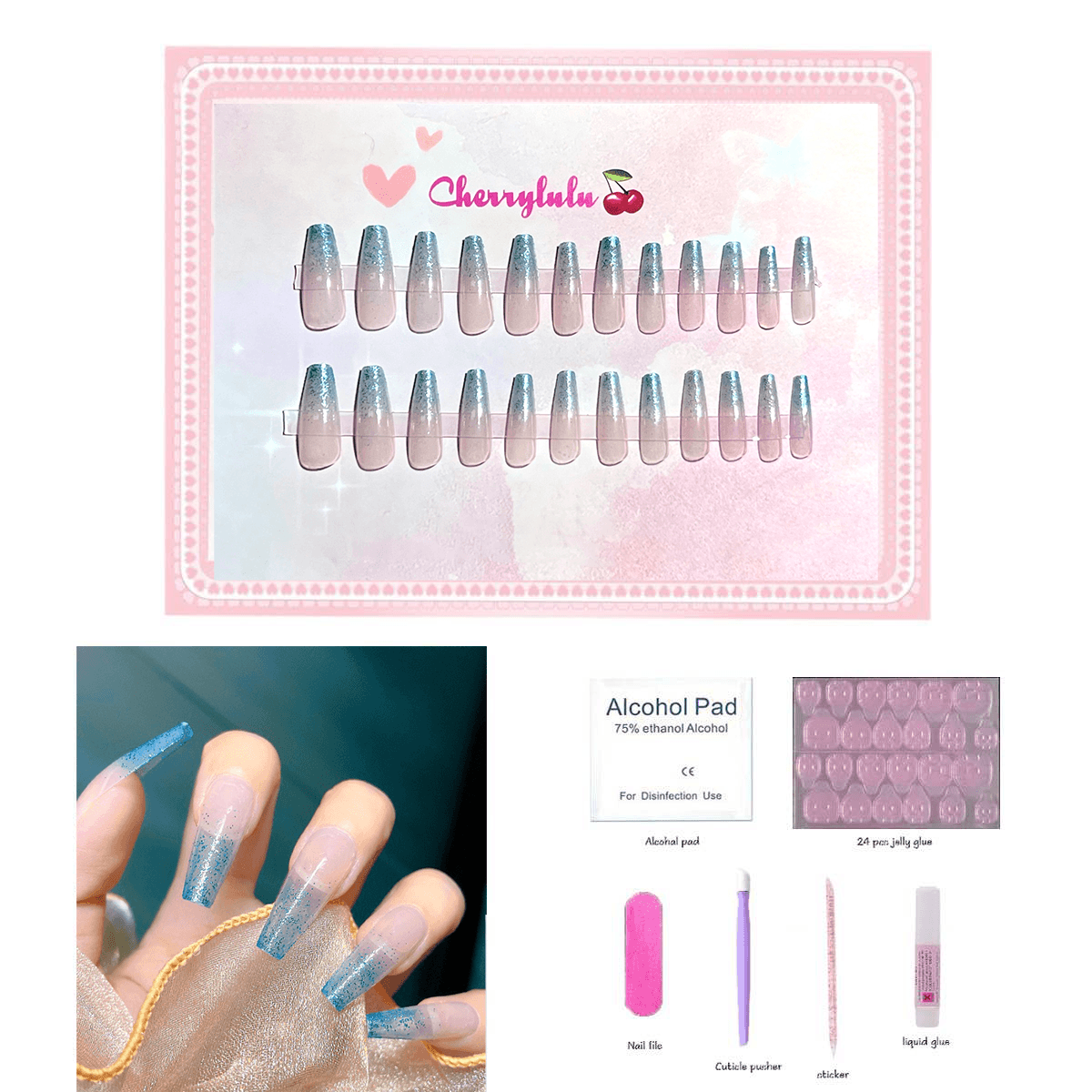 【Long】Manicure Press On Nails 24 Pcs + Toolkits - Cherrylulu Beauty