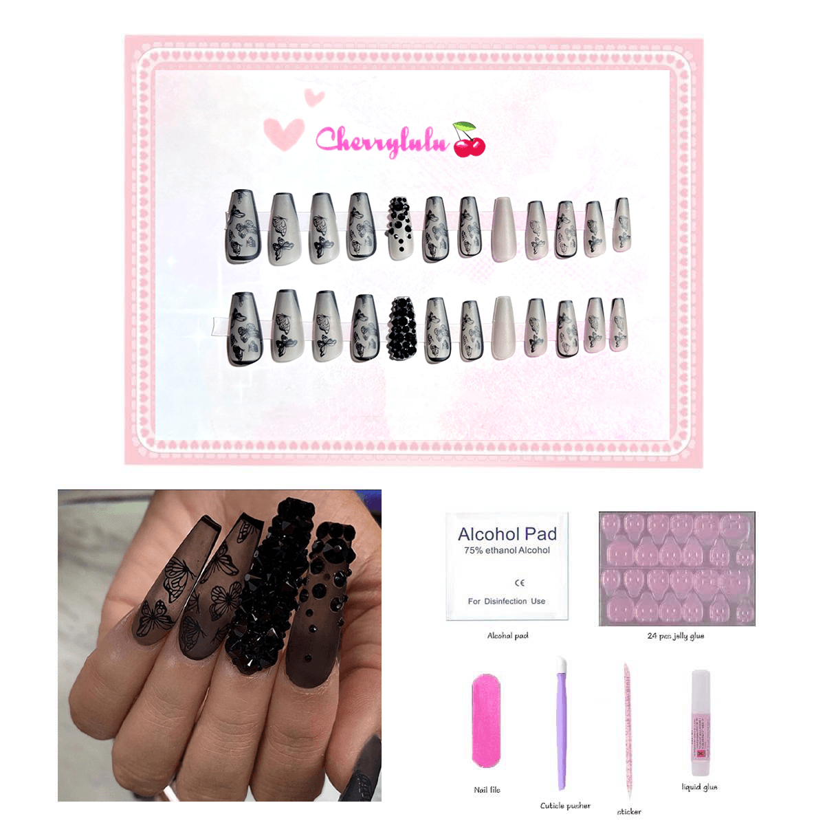 【Long】Manicure Press On Nails 24 Pcs + Toolkits - Cherrylulu Beauty