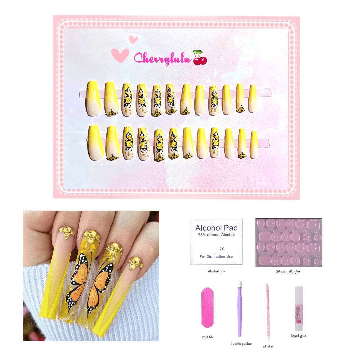 【Long】Manicure Press On Nails 24 Pcs + Toolkits - Cherrylulu Beauty