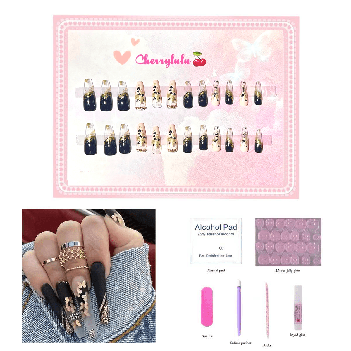 【Long】Manicure Press On Nails 24 Pcs + Toolkits - Cherrylulu Beauty