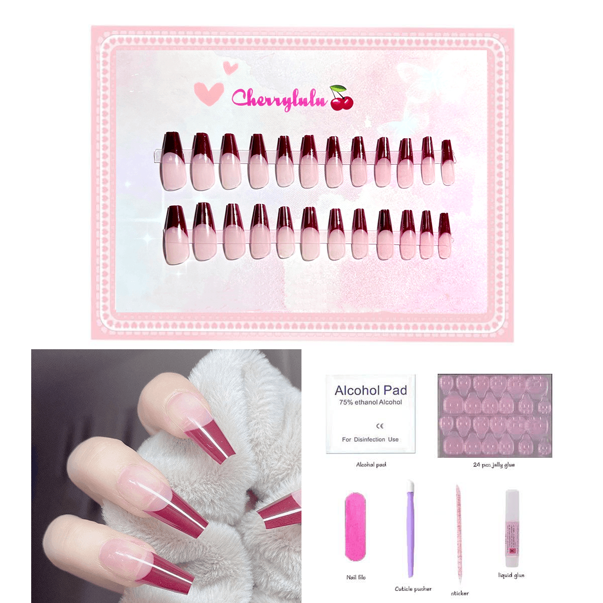 【Long】Manicure Press On Nails 24 Pcs + Toolkits - Cherrylulu Beauty