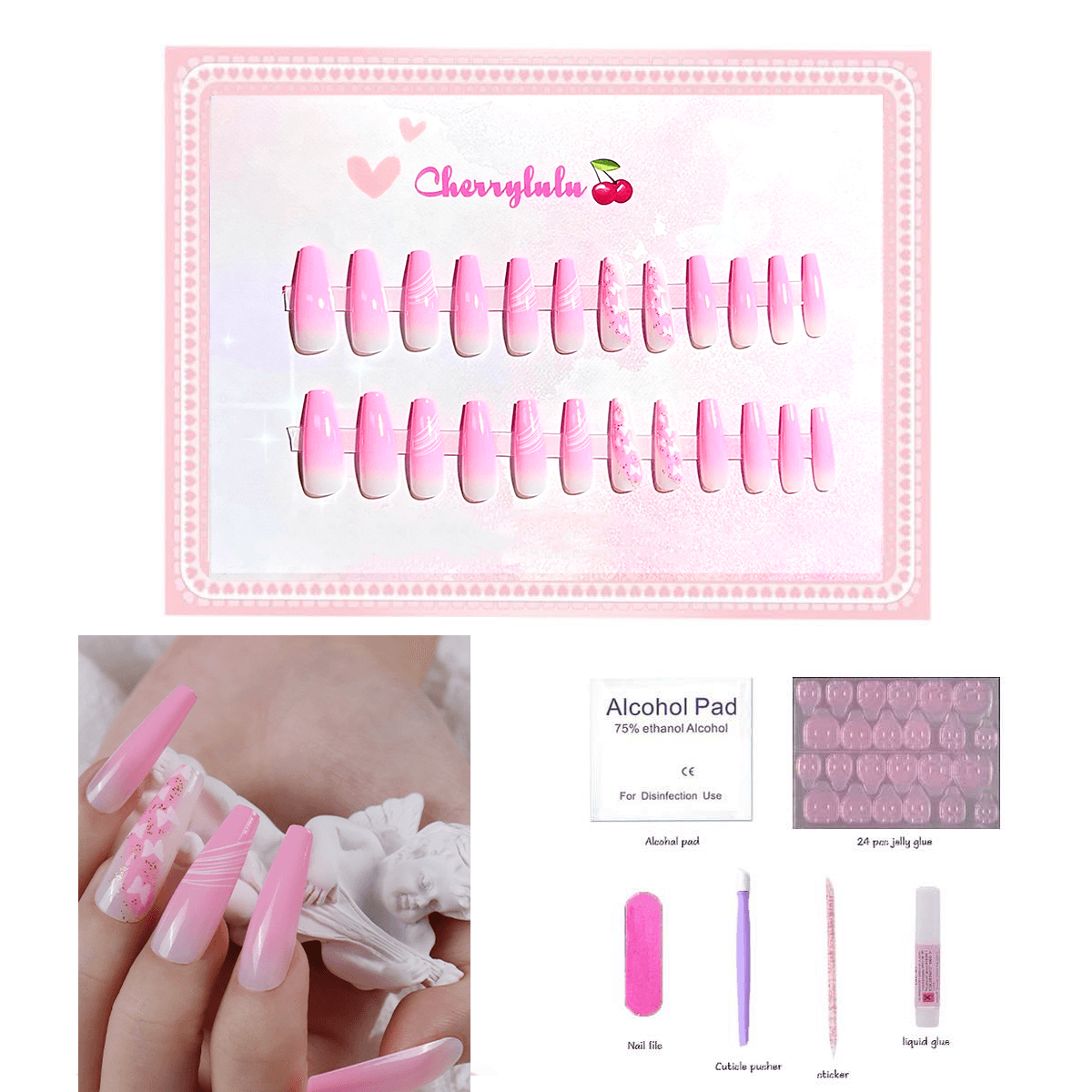 【Long】Manicure Press On Nails 24 Pcs + Toolkits - Cherrylulu Beauty