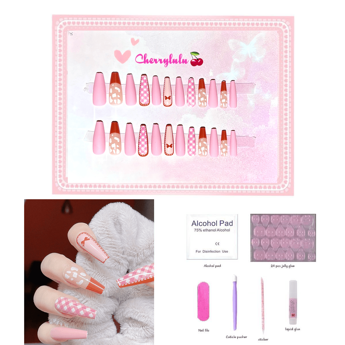 【Long】Manicure Press On Nails 24 Pcs + Toolkits - Cherrylulu Beauty