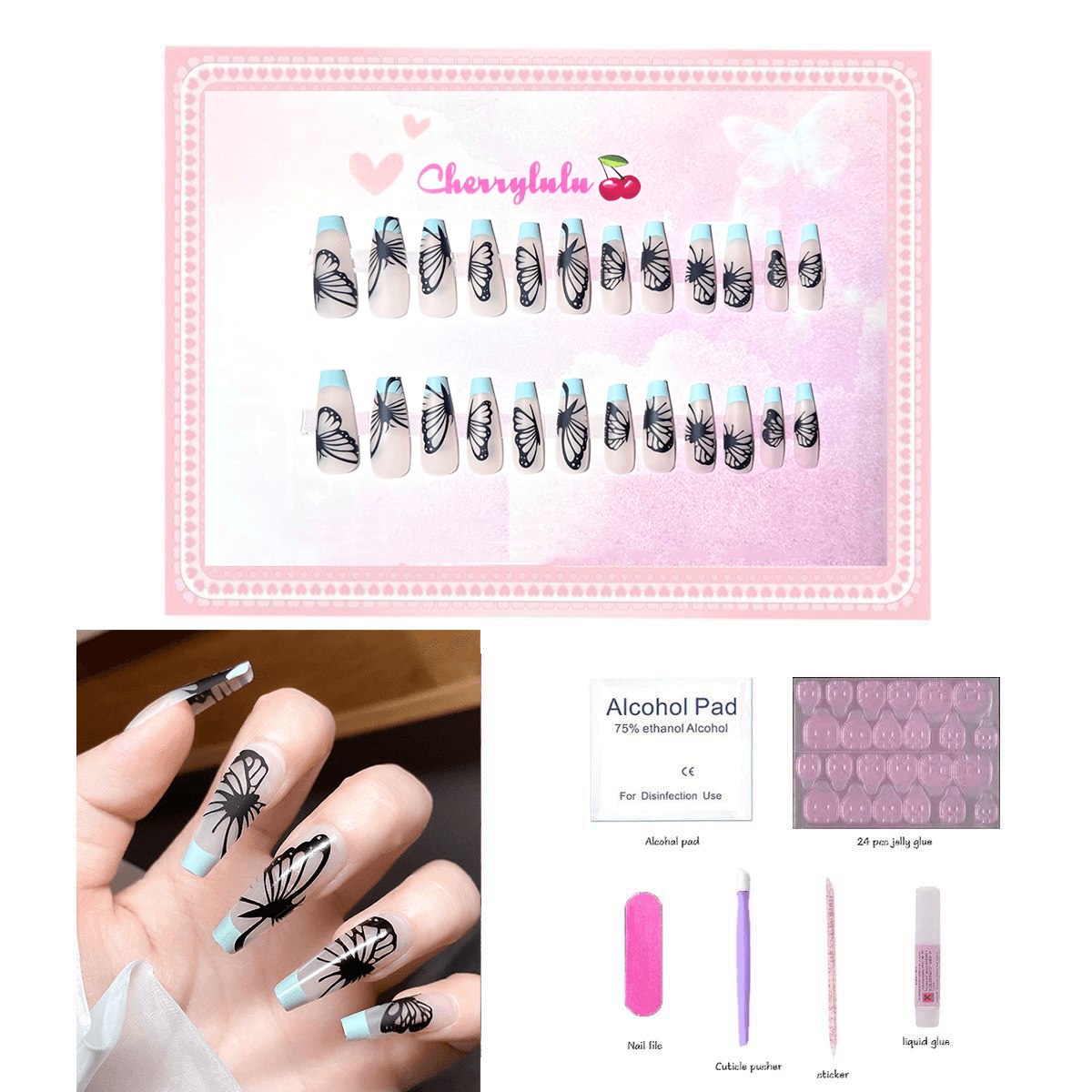 【Long】Manicure Press On Nails 24 Pcs + Toolkits - Cherrylulu Beauty