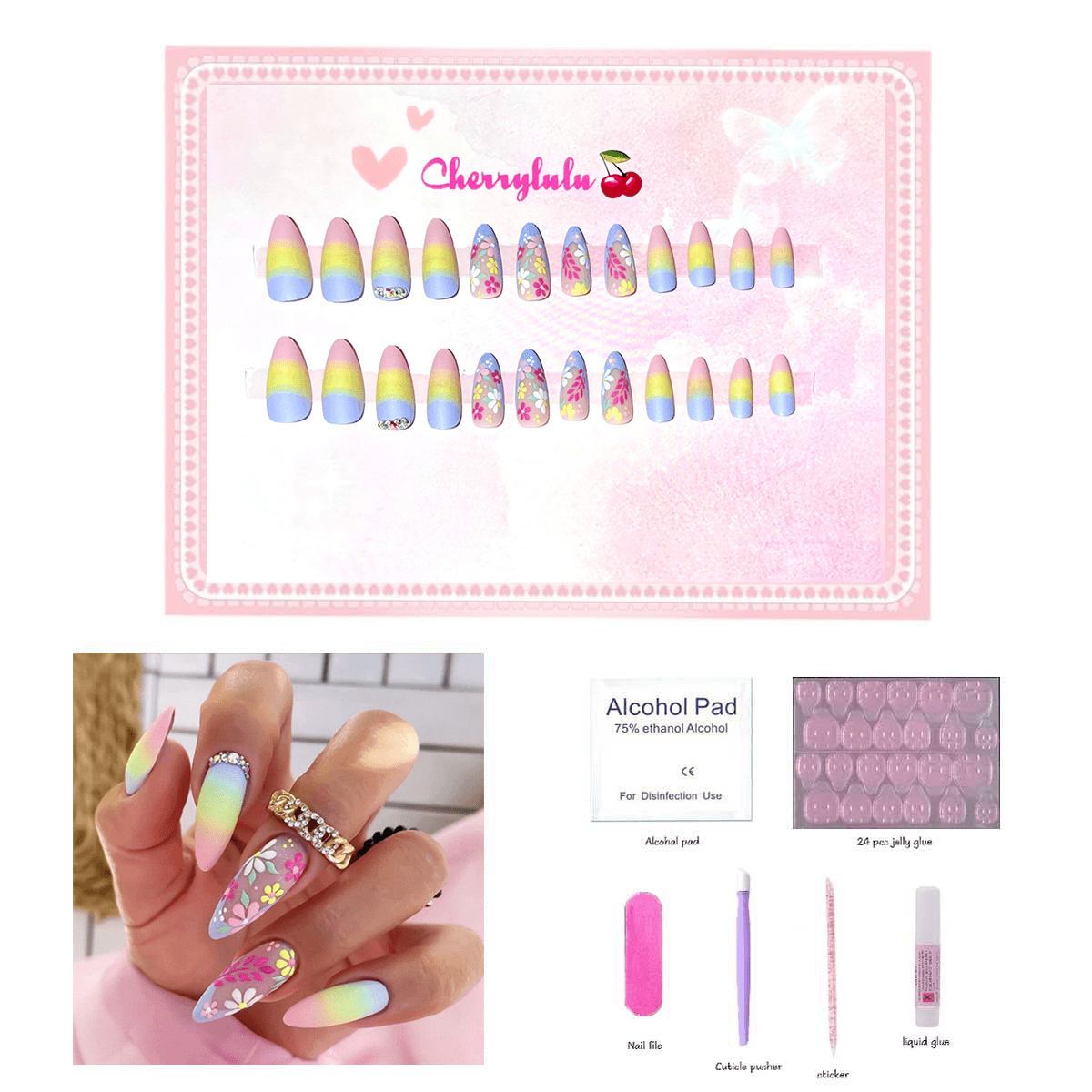 【Medium】Manicure Press On Nails 24 Pcs + Toolkits - Cherrylulu Beauty