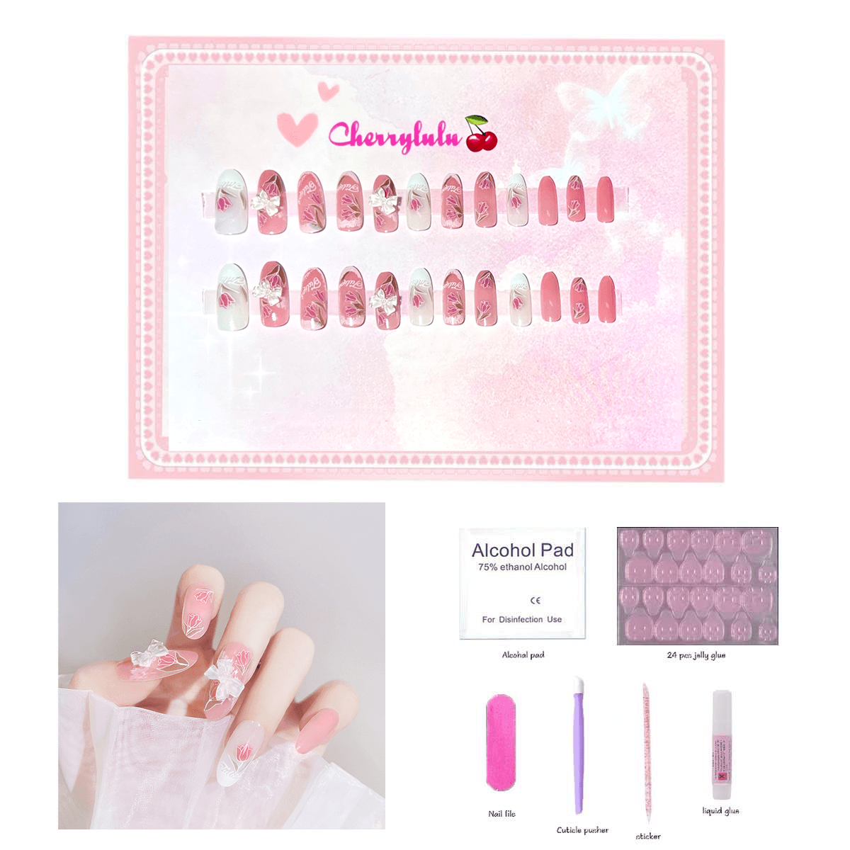 【Medium】Manicure Press On Nails 24 Pcs + Toolkits - Cherrylulu Beauty