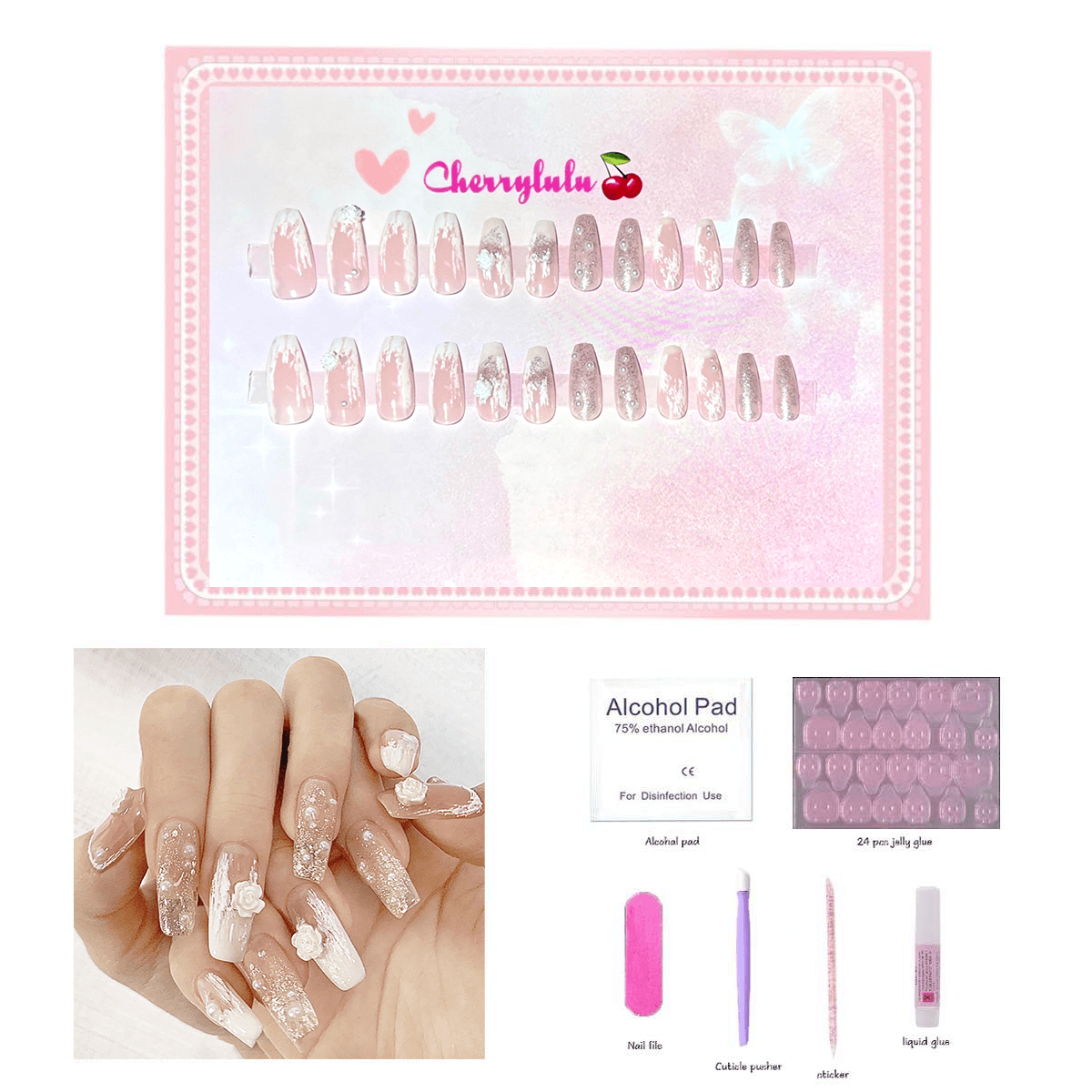 【Medium】Manicure Press On Nails 24 Pcs + Toolkits - Cherrylulu Beauty