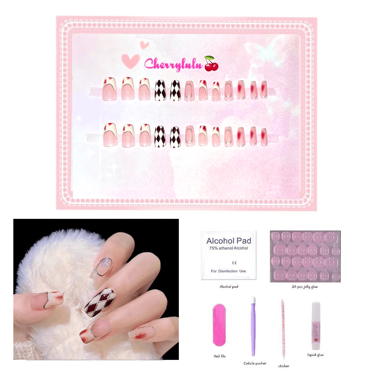 【Medium】Manicure Press On Nails 24 Pcs + Toolkits - Cherrylulu Beauty