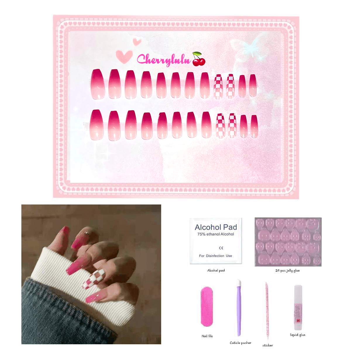 【Medium】Manicure Press On Nails 24 Pcs + Toolkits - Cherrylulu Beauty