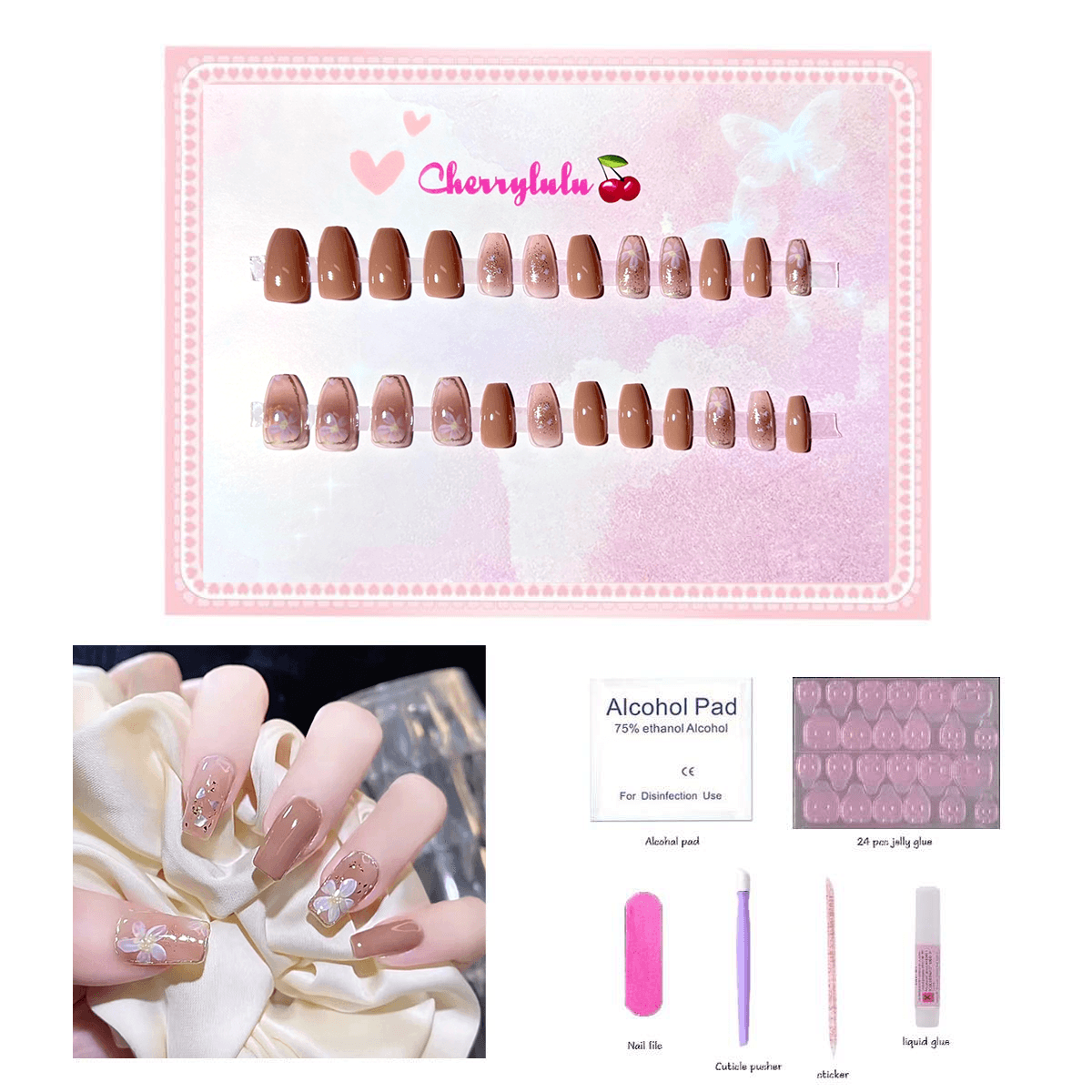 【Medium】Manicure Press On Nails 24 Pcs + Toolkits - Cherrylulu Beauty