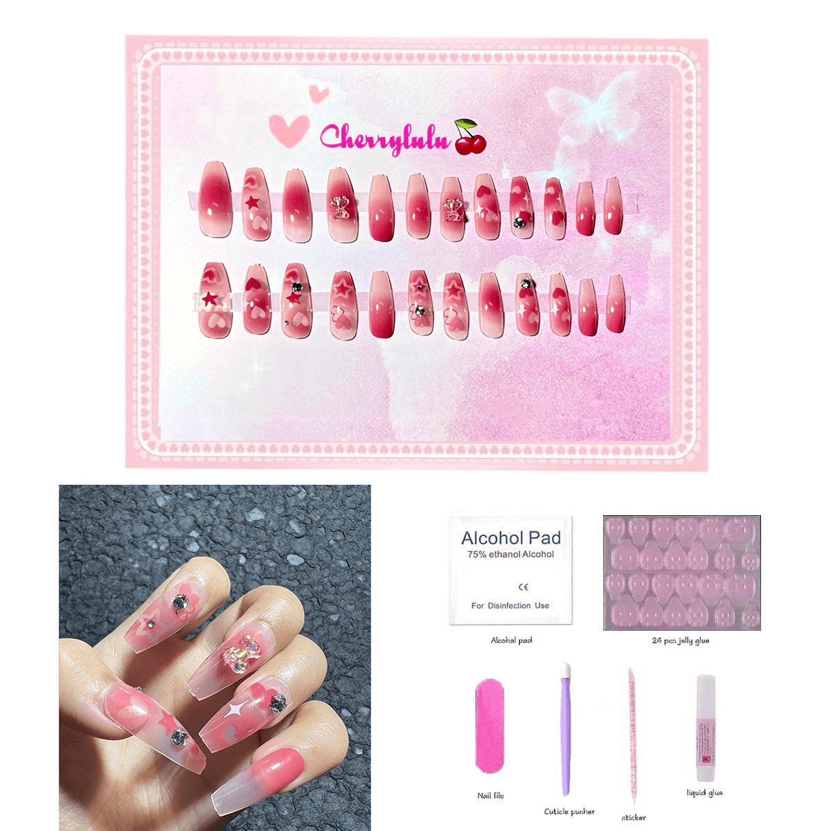 【Medium】Manicure Press On Nails 24 Pcs + Toolkits - Cherrylulu Beauty