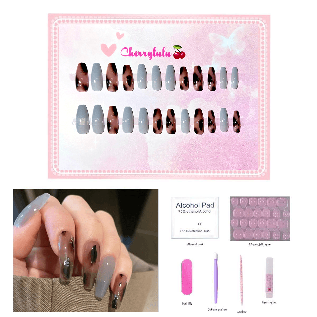 【Medium】Manicure Press On Nails 24 Pcs + Toolkits - Cherrylulu Beauty