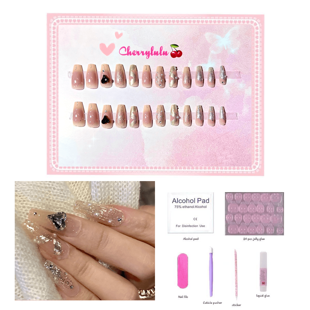 【Medium】Manicure Press On Nails 24 Pcs + Toolkits - Cherrylulu Beauty