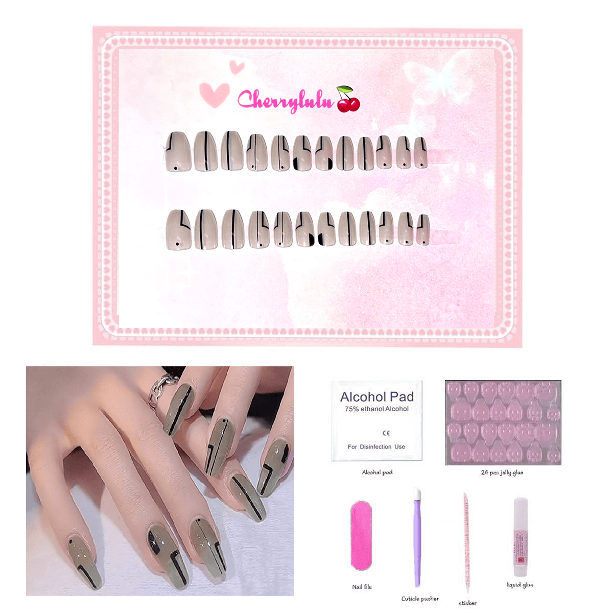 【Medium】Manicure Press On Nails 24 Pcs + Toolkits - Cherrylulu Beauty