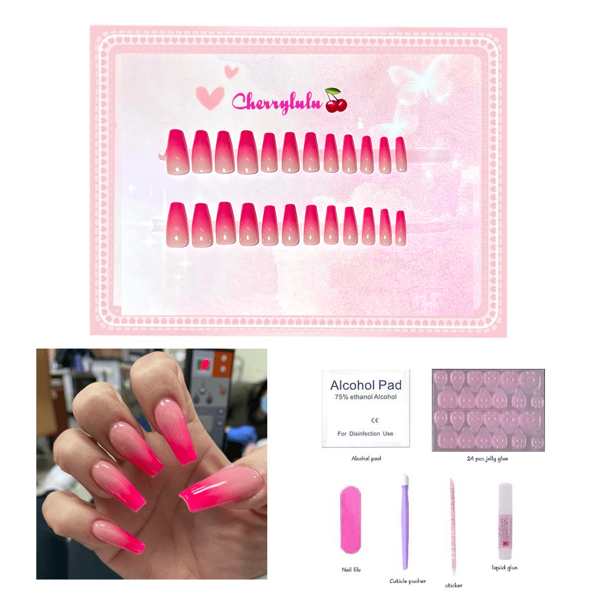 【Medium】Manicure Press On Nails 24 Pcs + Toolkits - Cherrylulu Beauty