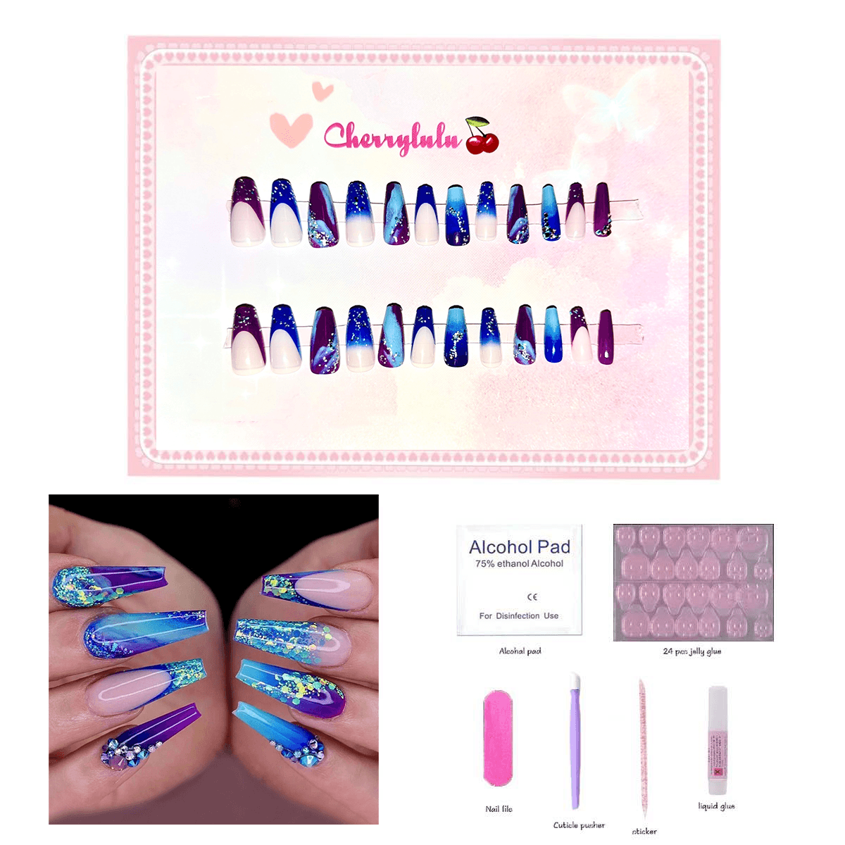 【Medium】Manicure Press On Nails 24 Pcs + Toolkits - Cherrylulu Beauty