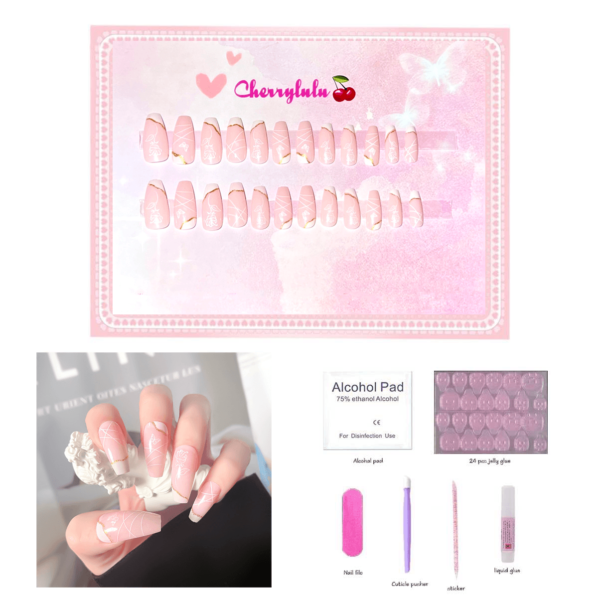 【Medium】Manicure Press On Nails 24 Pcs + Toolkits - Cherrylulu Beauty