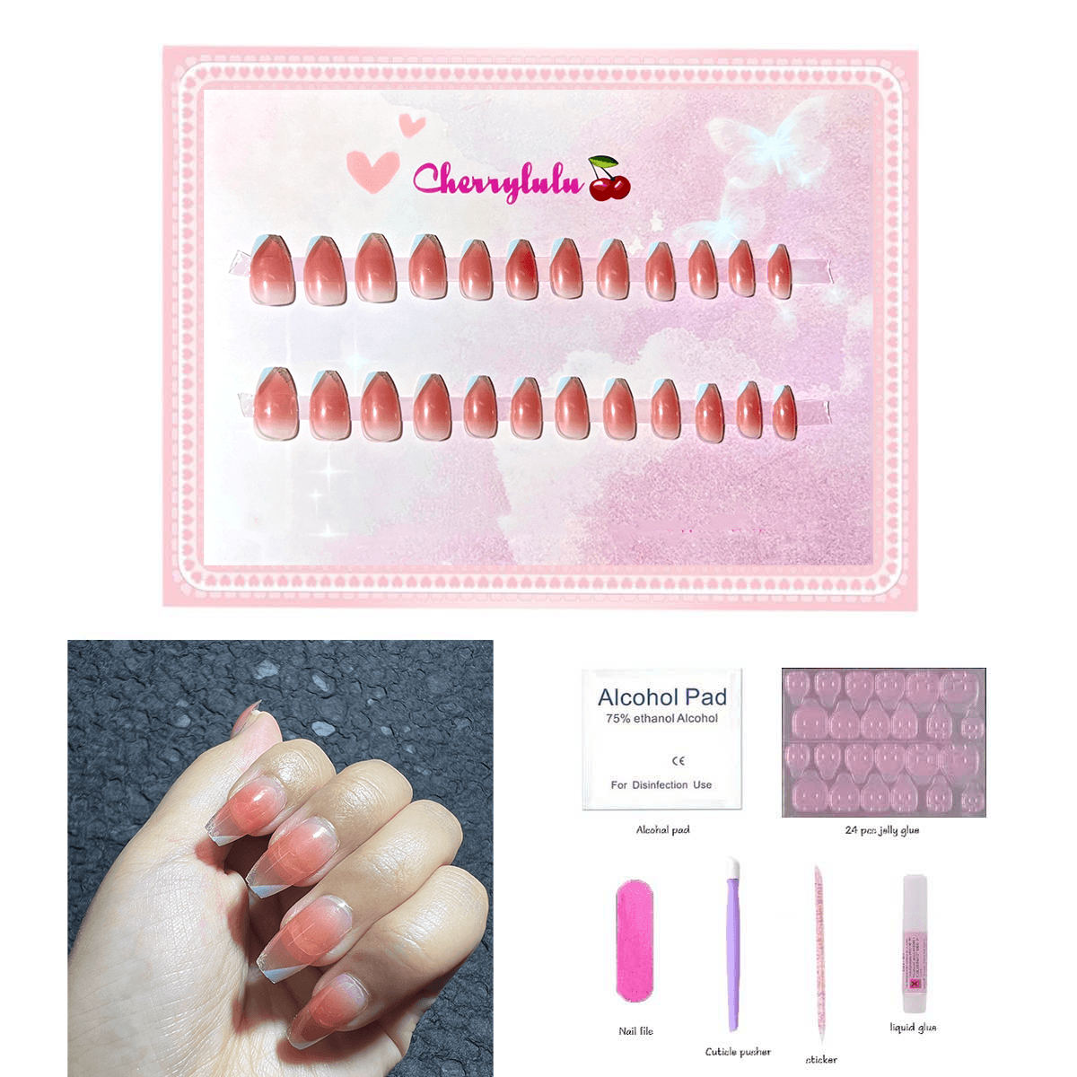 【Medium】Manicure Press On Nails 24 Pcs + Toolkits - Cherrylulu Beauty