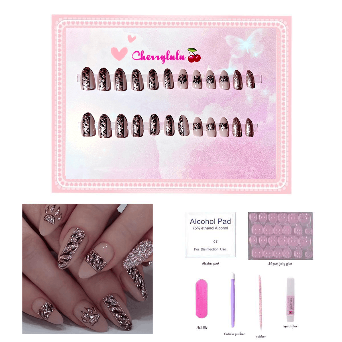 【Medium】Manicure Press On Nails 24 Pcs + Toolkits - Cherrylulu Beauty