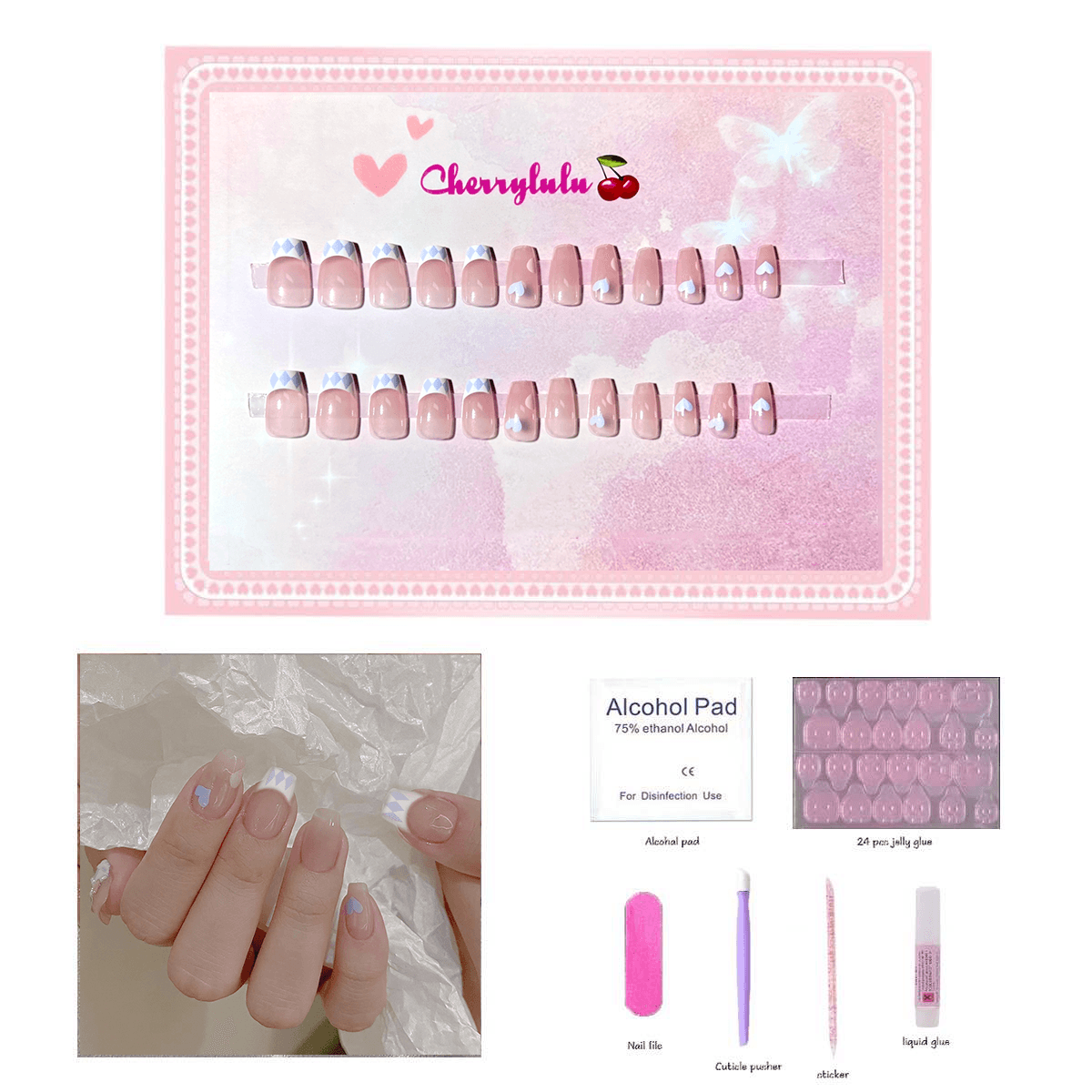 【Medium】Manicure Press On Nails 24 Pcs + Toolkits - Cherrylulu Beauty