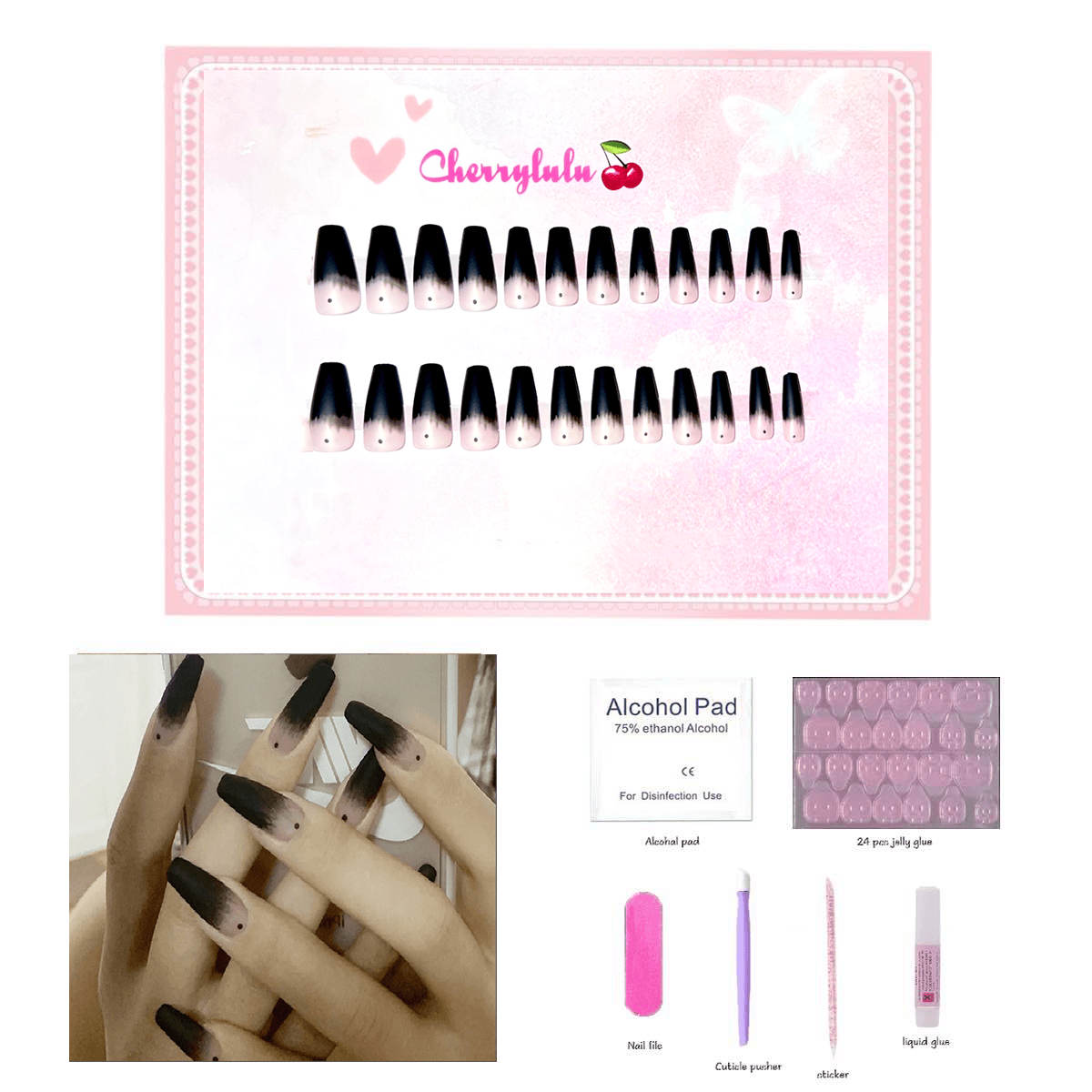 【Medium】Manicure Press On Nails 24 Pcs + Toolkits - Cherrylulu Beauty